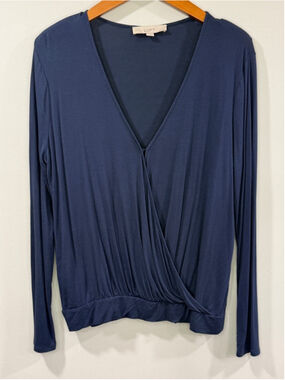 LOFT Womens Navy Surplice Long-Sleeve Faux Wrap Top Size M